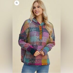 BiBi Multicolor Plaid Hooded Sweater - Purple, Teal, Pink, Mustard